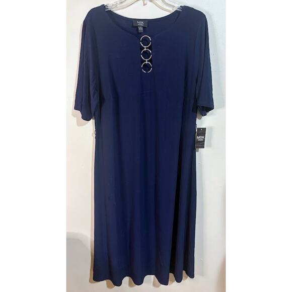 MSK Blue Plus Size Short Sleeve 3 Ring Midi Dress Size 2X NWT - Picture 1 of 7